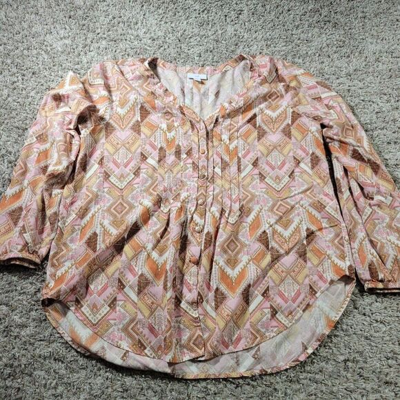 J Jill Top Womens Medium Blouse Button Up Lightweight Geometric V-Neck Long Slv - Picture 8 of 8